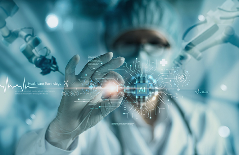 Adobe Stock image shows a masked and gowned surgeon with robotic surgery arms around him using some kind of augmented reality program hanging in the air to symbolize artificial intelligence and medtech.